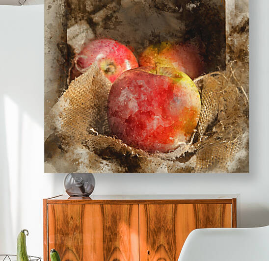 Watercolour painting of Red apples in rustic kitchen setting wit by Matthew Gibson