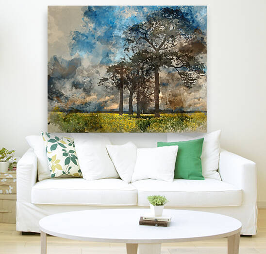 Watercolour painting of Rapeseed field contryside landscape at s by Matthew Gibson