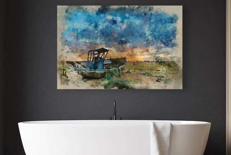 Watercolour painting of Abandoned fishing boat on beach landscap by Matthew Gibson