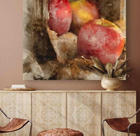 Red apples in rustic kitchen setting with old wooden box and hes by Matthew Gibson