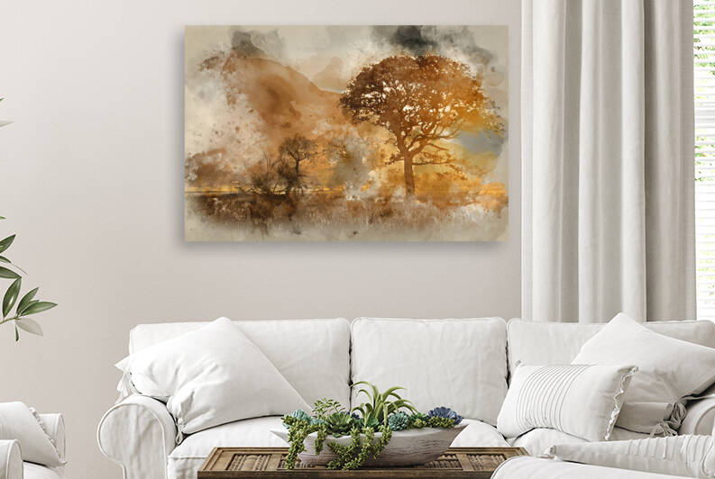 Watercolour painting of Beautiful foggy misty Autumn sunrise ove by Matthew Gibson