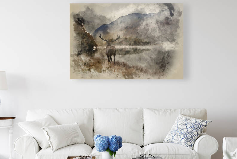 Watercolour painting of Stunning powerful red deer stag looks ou by Matthew Gibson