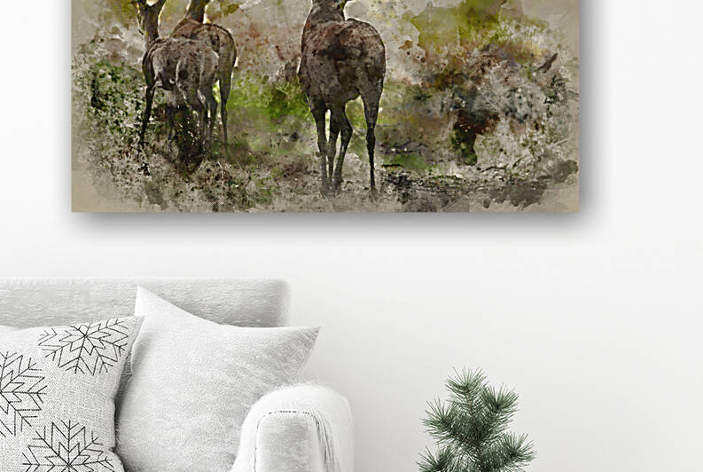 Watercolour painting of Beautiful Family group herd of red deer  by Matthew Gibson