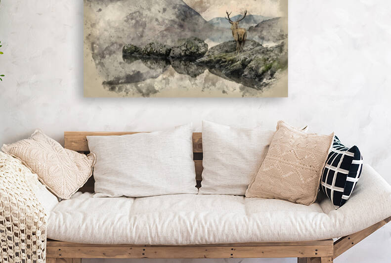 Watercolor painting of Stunning powerful red deer stag looks out by Matthew Gibson