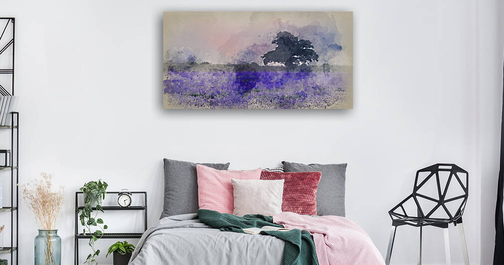 Watercolor painting of Beautiful dramatic misty sunrise landscap by Matthew Gibson