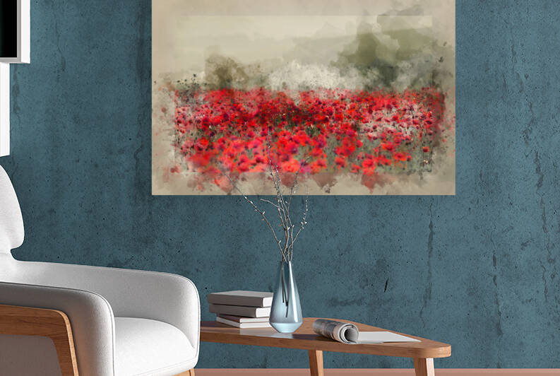 Watercolor painting of Poppy field landscape in Summer countrysi by Matthew Gibson