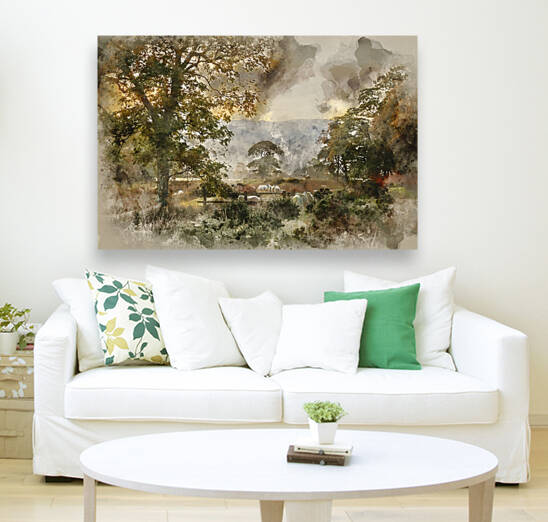 Watercolour painting of Beautiful foggy misty Autumn sunrise ove by Matthew Gibson