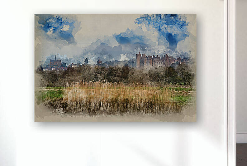 Watercolour painting of Arundel Castle morning landscape viewed  by Matthew Gibson