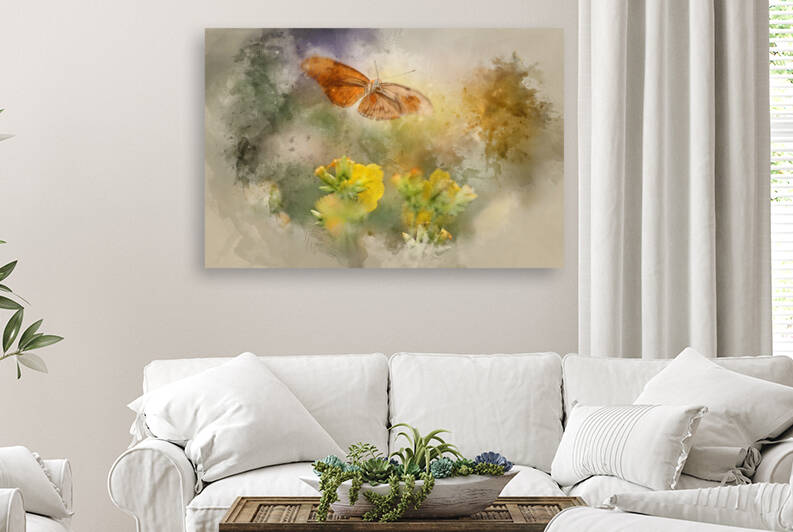 Watercolor painting of orange butterfly hovering above yellow fl by Matthew Gibson