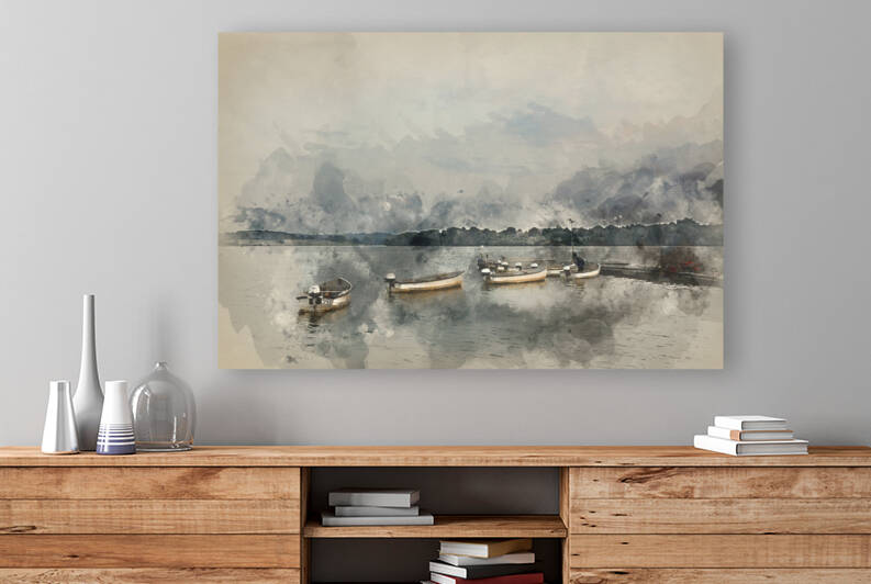 Watercolour painting of Landscape image at sunset of leisure boa by Matthew Gibson