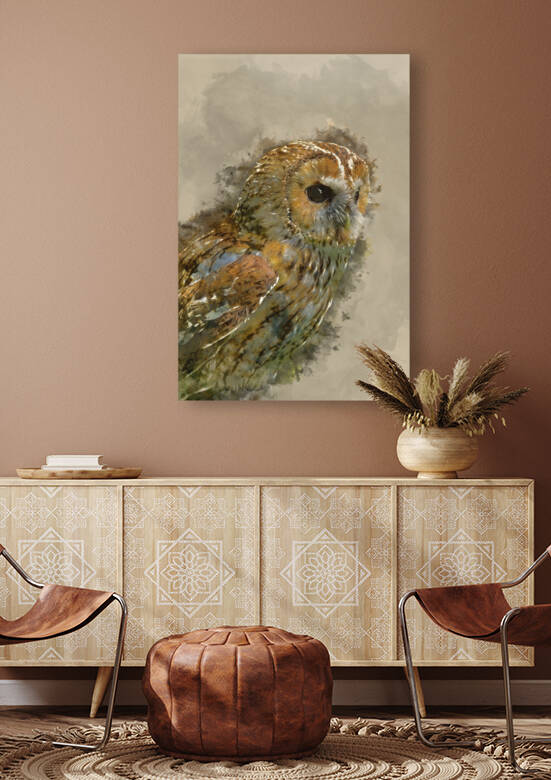 Watercolour painting of Stunning portrait of Tawny Owl Strix Alu by Matthew Gibson