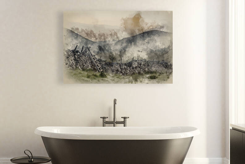 Watercolour painting of View along misty valley towards Snowdoni by Matthew Gibson