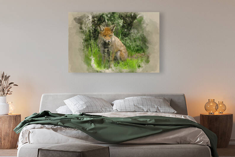 Watercolour painting of Stunning male fox in long lush green gra by Matthew Gibson