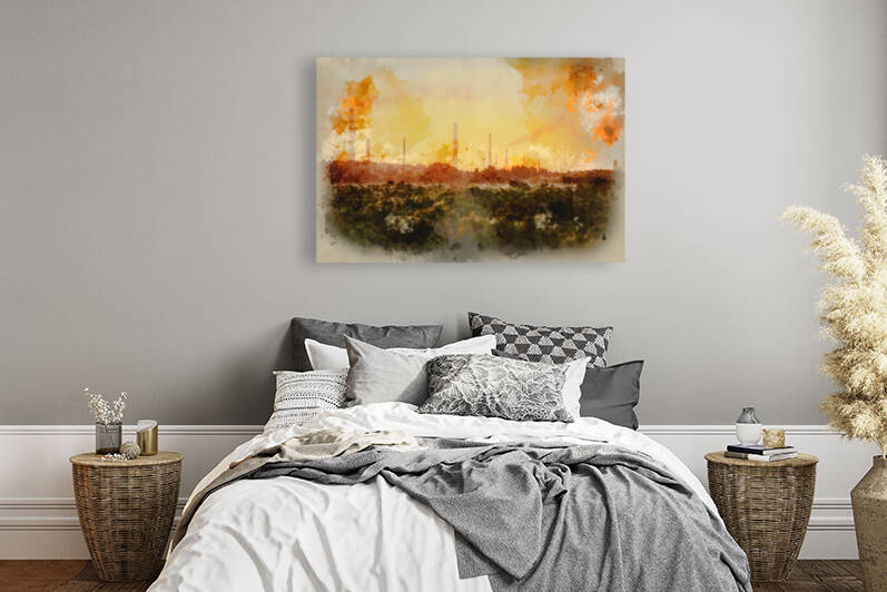 Watercolour painting of Industrial chimney stacks in natural lan by Matthew Gibson