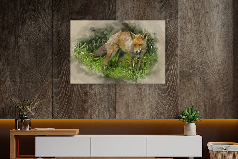 Watercolour painting of Stunning male fox in long lush green gra by Matthew Gibson
