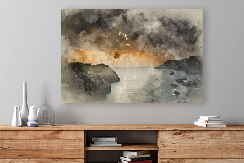 Watercolour painting of Spring sunset at high tide at Kynance Co by Matthew Gibson