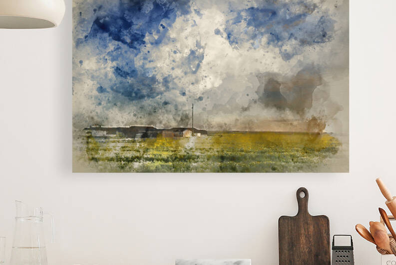 Watercolour painting of Farm in rapeseed crop field at sunrise l by Matthew Gibson