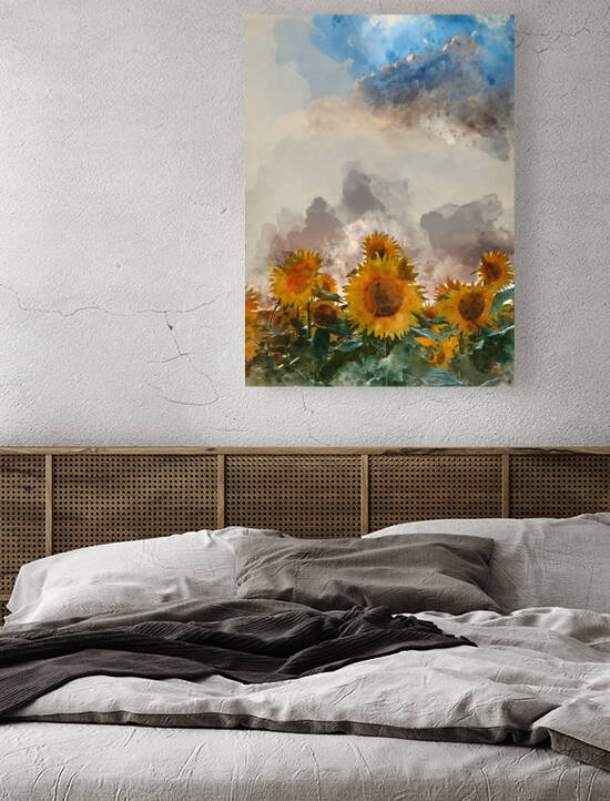 Watercolour painting of Farm in rapeseed crop field at sunrise l by Matthew Gibson