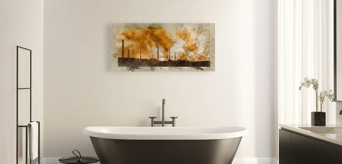 Digital watercolor painting of industrial chimney stacks polluti by Matthew Gibson