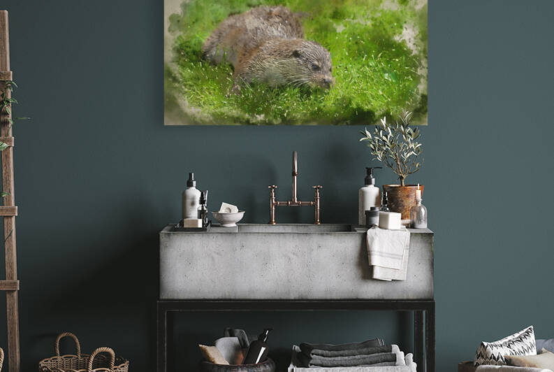 Digital watercolor painting of Otters on riverbank in lush green by Matthew Gibson