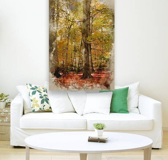 Digital watercolor painting of Vibrant Autumn Fall forest landsc by Matthew Gibson
