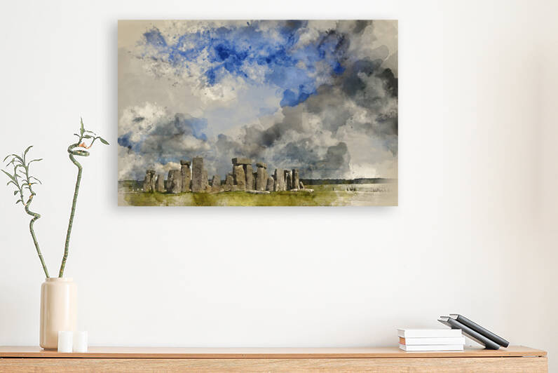 Digital watercolor painting of Stonehenge in Summer landscape by Matthew Gibson