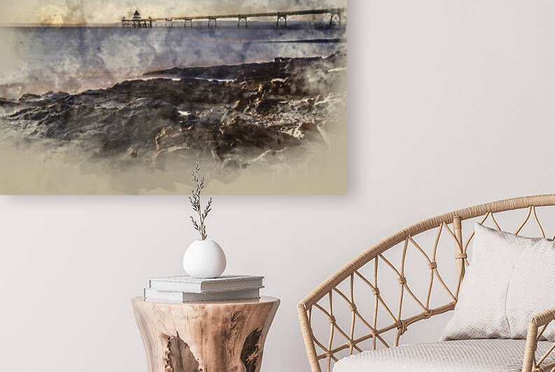 Digital watercolor painting of landscape image of pier at sunset by Matthew Gibson