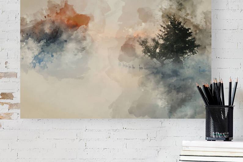 Digital watercolor painting of Bevy herd of swans on misty foggy by Matthew Gibson