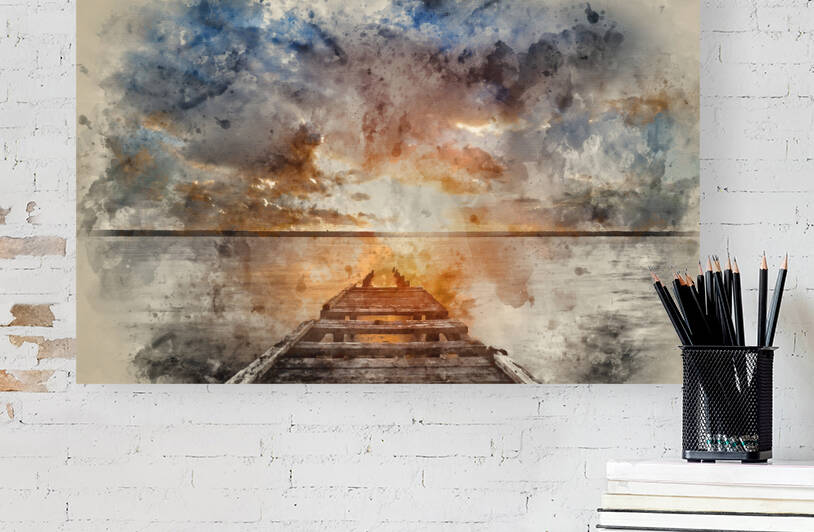 Digital watercolor painting of Beautiful vibrant sunset landscap by Matthew Gibson