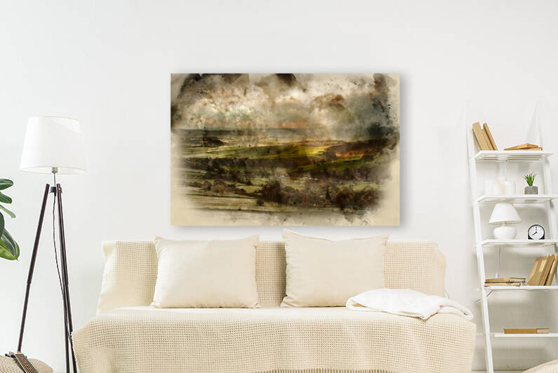 Digital watercolor painting of Stunning sun beams over Big Moor  by Matthew Gibson