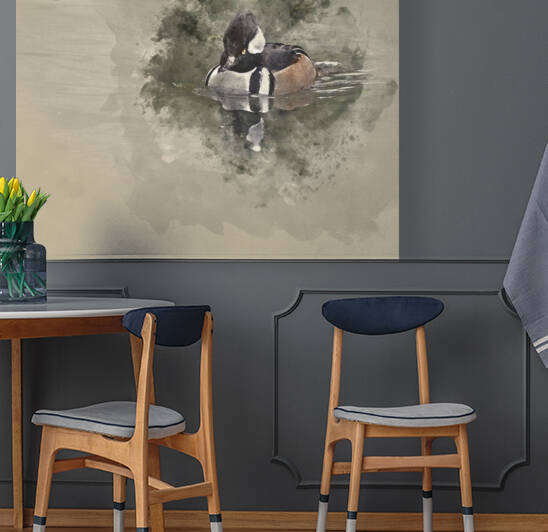 Digital watercolor painting of hooded merganser duck on calm lak by Matthew Gibson