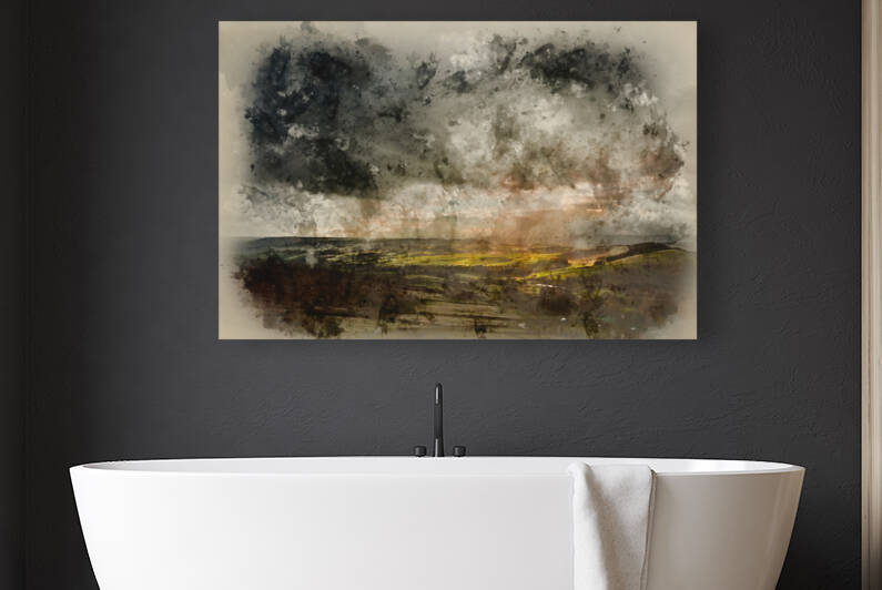 Digital watercolor painting of Sunbeams over Big Moor in Peak Di by Matthew Gibson