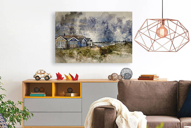 Digital watercolor painting of Lovely beach huts on sand dunes a by Matthew Gibson
