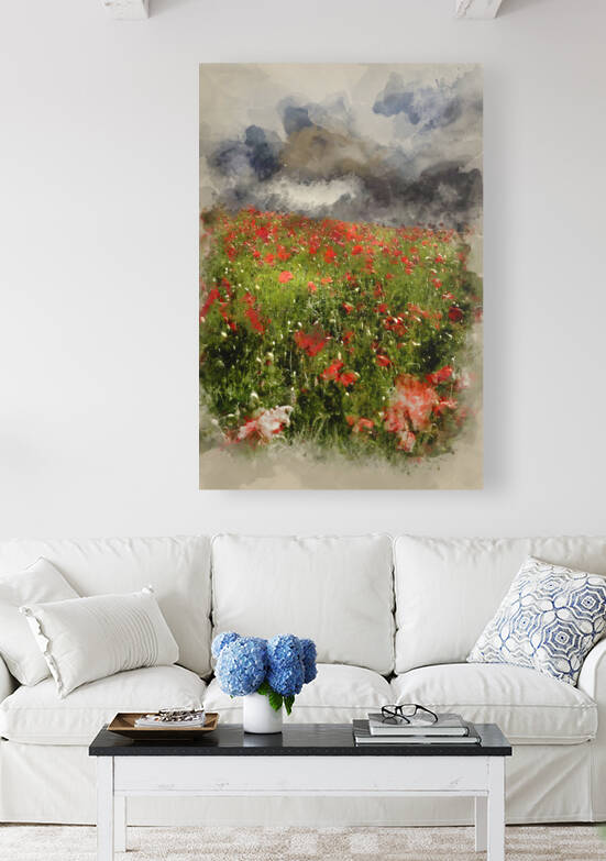 Digital watercolor painting of Vibrant poppy fields under moody  by Matthew Gibson