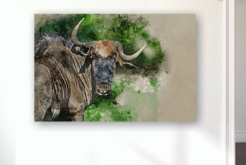 Digital watercolor painting of Portrait of Common Wildebeest Con by Matthew Gibson