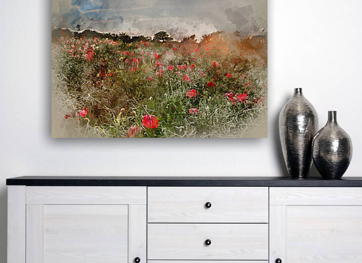 Digital watercolour painting of Poppy field landscape in English by Matthew Gibson