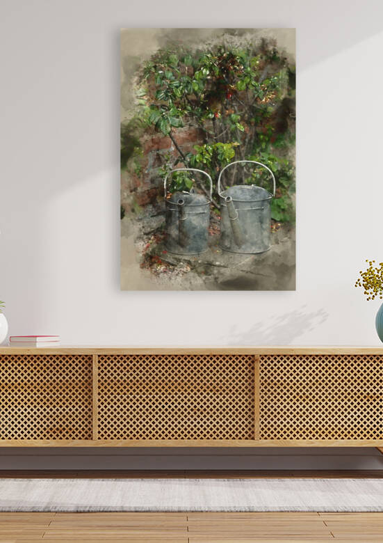 Digital watercolour painting of Two old watering cans in vintage by Matthew Gibson