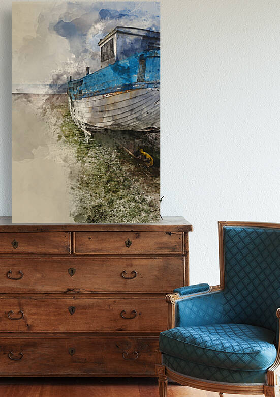 Digital watercolour painting of Abandoned fishing boat ruin on b by Matthew Gibson