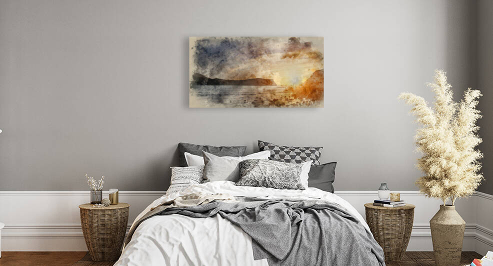 Digital watercolour painting of Stunning vibrant sunrise landsca by Matthew Gibson