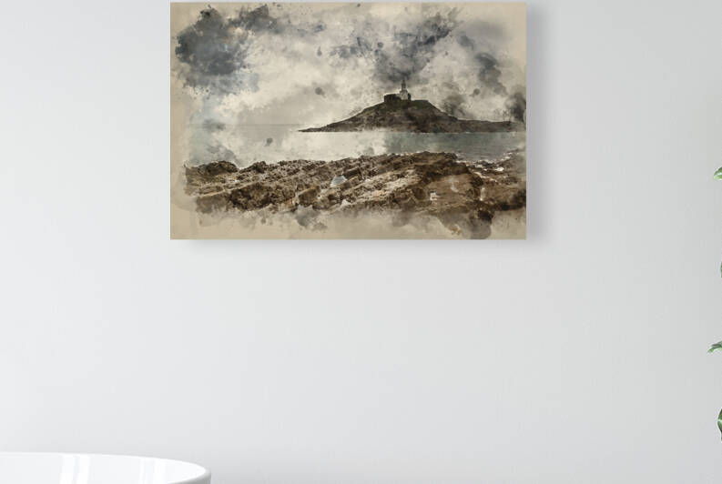 Digital watercolour painting of Lighthouse on headland with sun  by Matthew Gibson