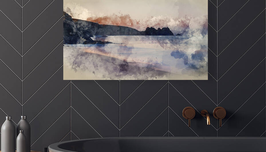 Digital watercolor painting of Stunning vibrant sunrise landscap by Matthew Gibson