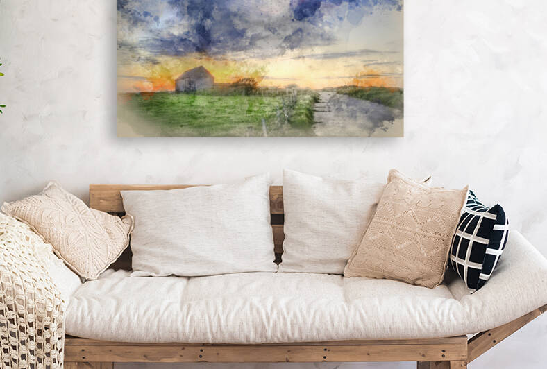 Digital watercolor painting of Old barn in landscape at sunset by Matthew Gibson