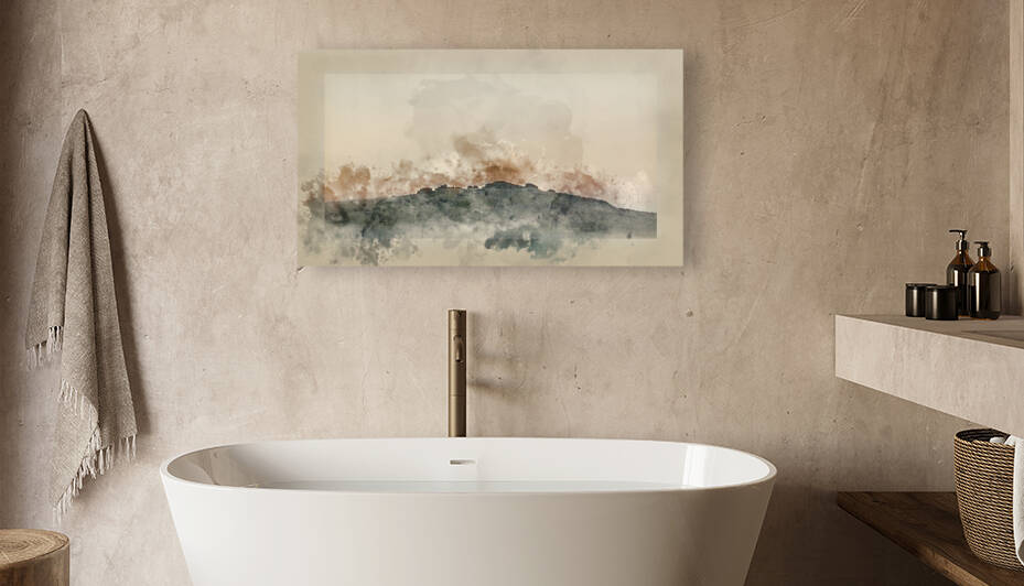 Digital watercolor painting of Beautiful foggy sunrise landscape by Matthew Gibson