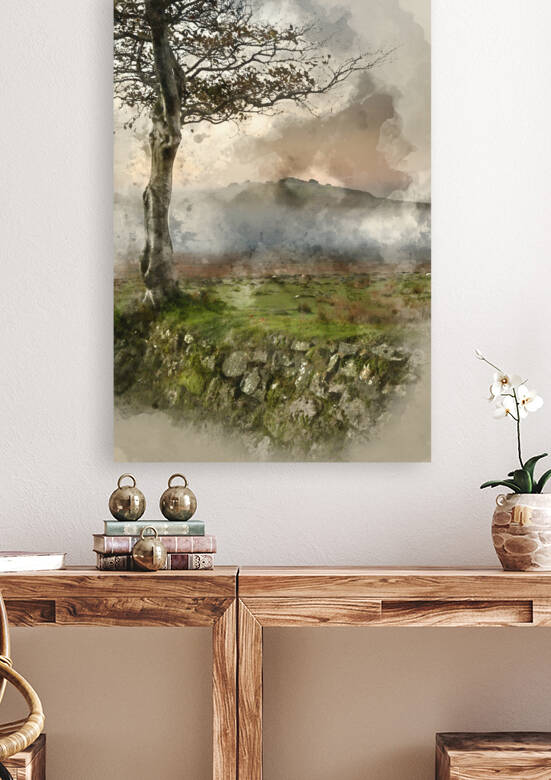 Digital watercolor painting of Beautiful foggy sunrise landscape by Matthew Gibson