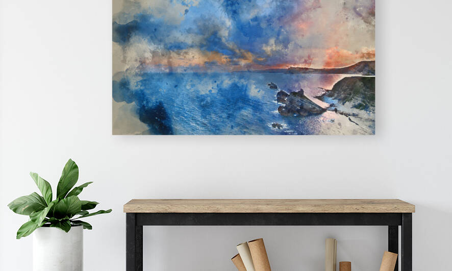 Digital watercolor painting of Sunrise ocean landscape Mupe Bay  by Matthew Gibson