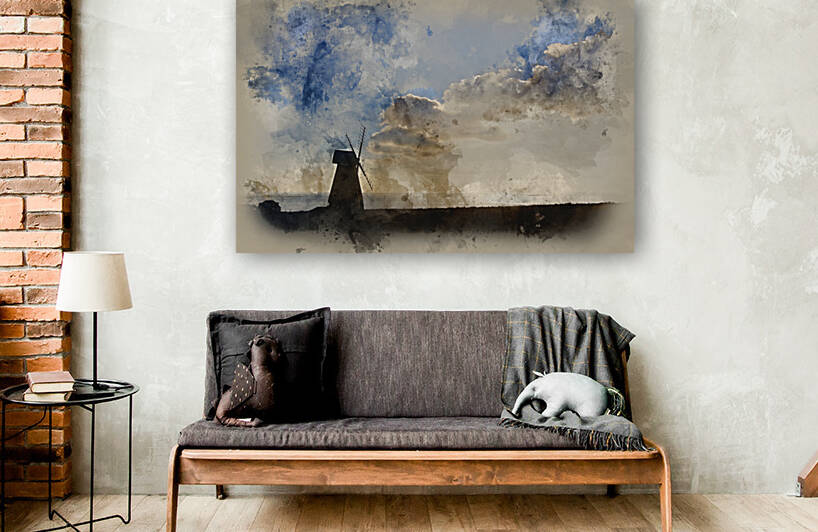 Digital watercolor painting of windmill silhouette against sunse by Matthew Gibson