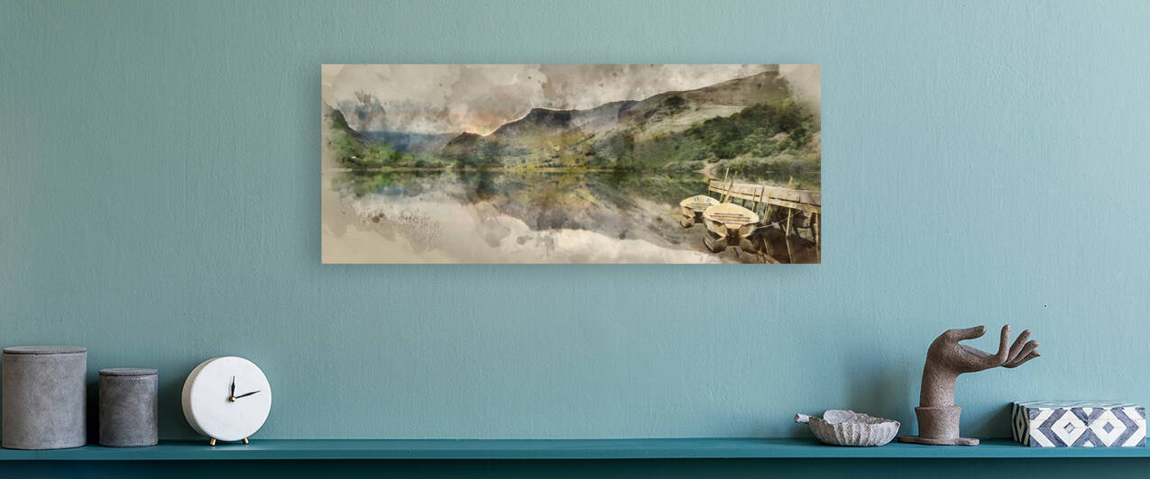 Digital watercolor painting of Panorama landscape rowing boats o by Matthew Gibson