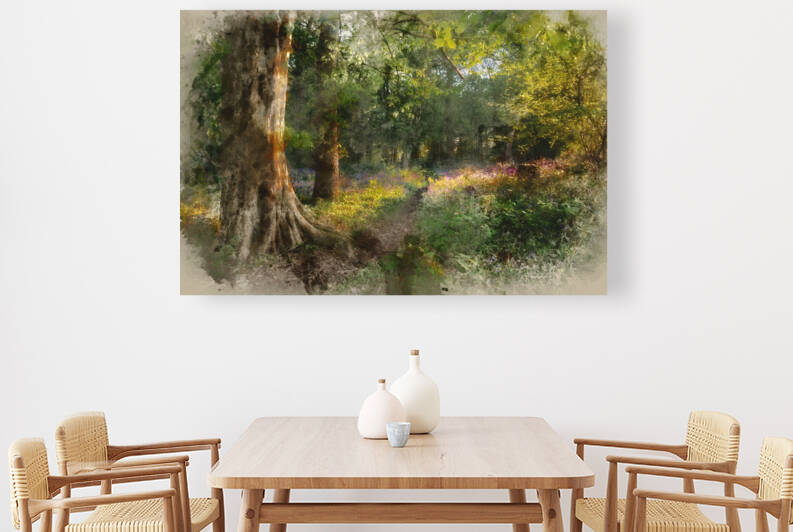 Digital watercolor painting of Stunning bluebell forest landscap by Matthew Gibson