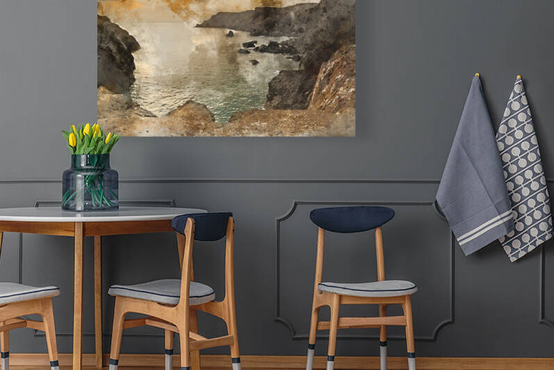 Digital watercolor painting of Spring sunset at high tide at Kyn by Matthew Gibson