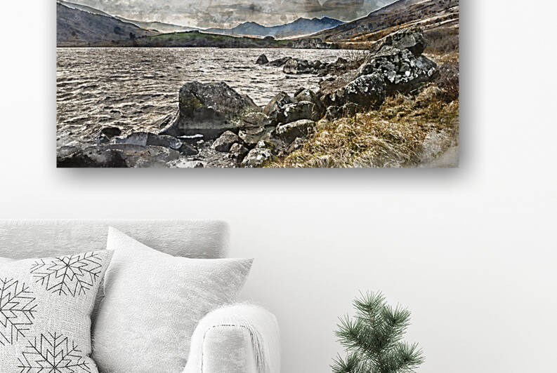 Digital watercolor painting of Beautiful moody landscape of Llyn by Matthew Gibson